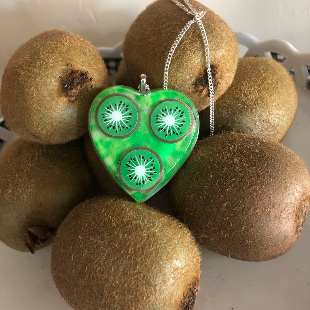 Ritzee Rebel Big Resin Kiwi Fruit Heart Necklace